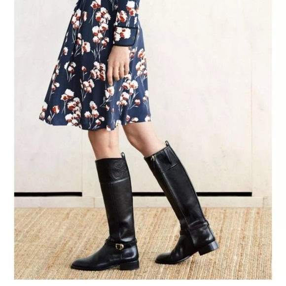 TORY BURCH Marlene Round-Toe Knee-High Black Leather Riding Boots Size 7.5 M - Picture 1 of 16